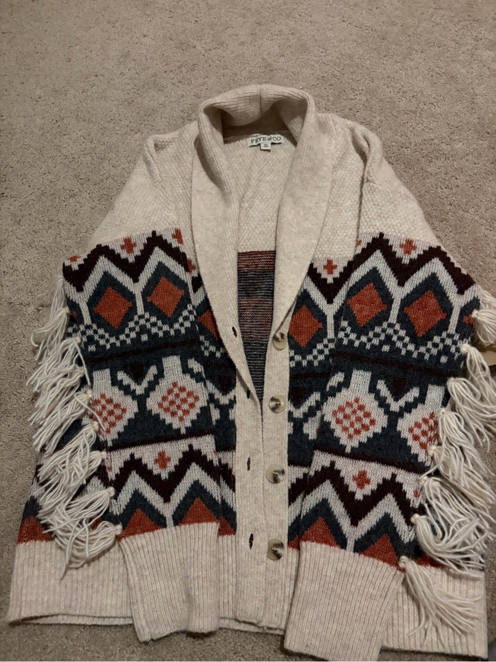 FRYE AND CO. Cream Cardigan with Rust, Navy and Black Jacquard